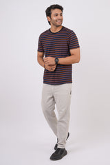 Men's Black/Blue/Orange striped round neck t-shirt