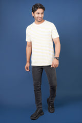 Men's White/Yellow striped round neck t-shirt