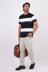 Men's Black/White/Blue striped round neck t-shirt