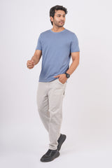 Men's Denim Blue Pima Cotton Single Jersey Round Neck T-shirt with Logo