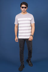 Men's Gull Grey/White striped round neck t-shirt