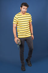 Men's Yellow/White/Black striped round neck t-shirt