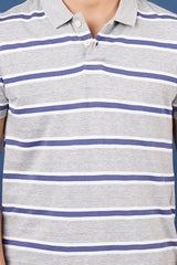 Mens Grey/Blue/White Striped single jersey polo t-shirt