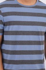 Men's Dark Grey Melange/Blue striped round neck t-shirt