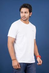 Men's white single jersey round neck t-shirt with logo