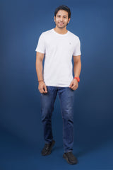 Men's white single jersey round neck t-shirt with logo