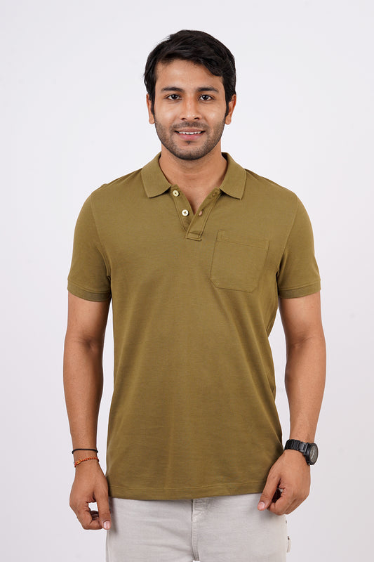 Men's olive green core pique polo t-shirt with pocket