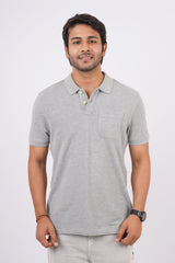 Men's grey melange core pique polo t-shirt with pocket