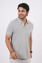 Men's grey melange core pique polo t-shirt with pocket