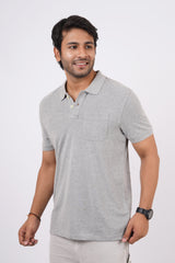 Men's grey melange core pique polo t-shirt with pocket