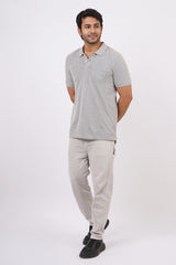 Men's grey melange core pique polo t-shirt with pocket