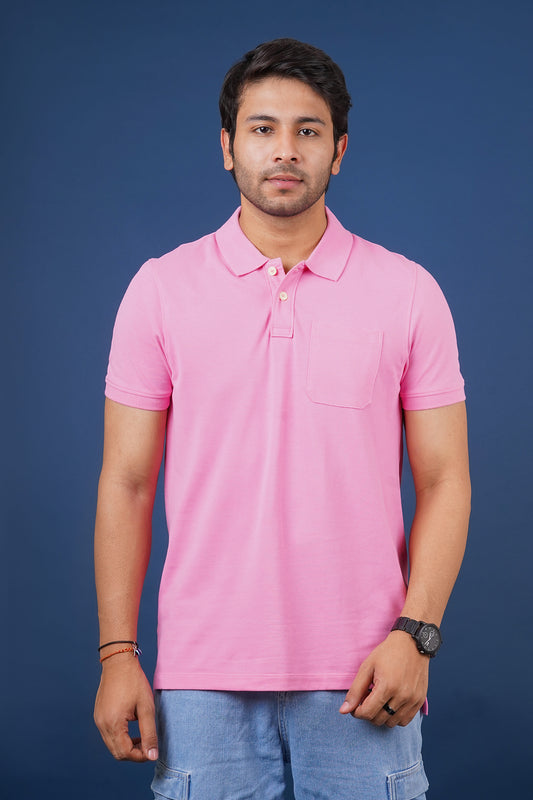 Men's pink core pique polo t-shirt with pocket