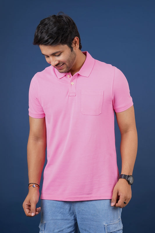 Men's pink core pique polo t-shirt with pocket