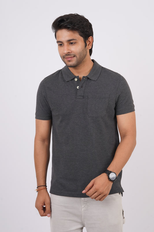 Men's charcoal melange core pique polo t-shirt with pocket