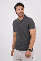 Men's charcoal melange core pique polo t-shirt with pocket