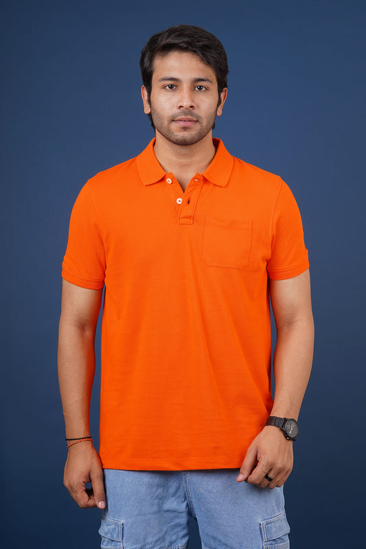 Men's orange core pique polo t-shirt with pocket