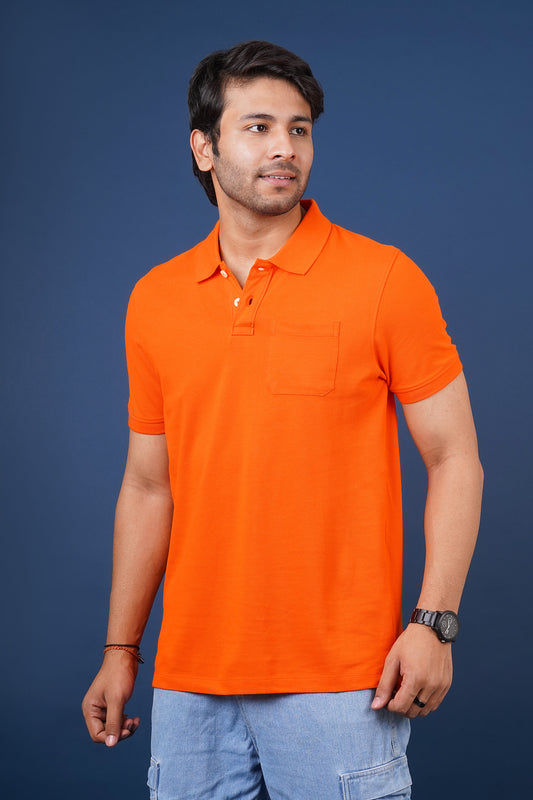 Men's orange core pique polo t-shirt with pocket