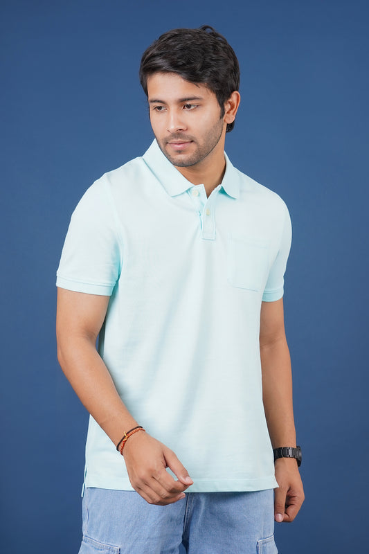 Men's water blue core pique polo t-shirt with pocket