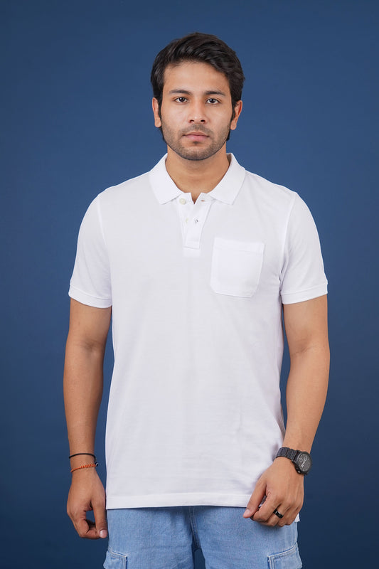 Men's white core pique polo t-shirt with pocket