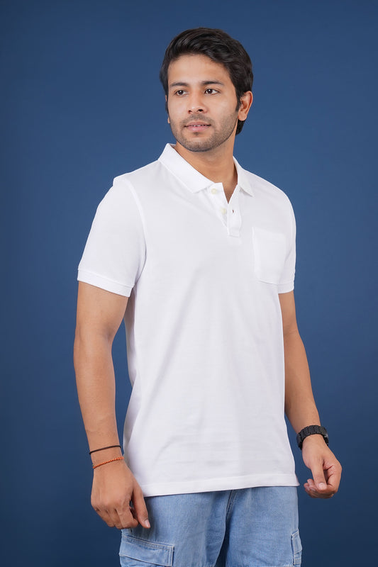 Men's white core pique polo t-shirt with pocket