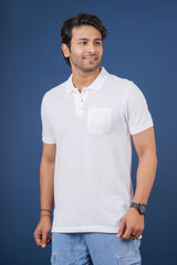 Men's white core pique polo t-shirt with pocket