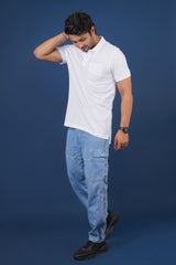 Men's white core pique polo t-shirt with pocket