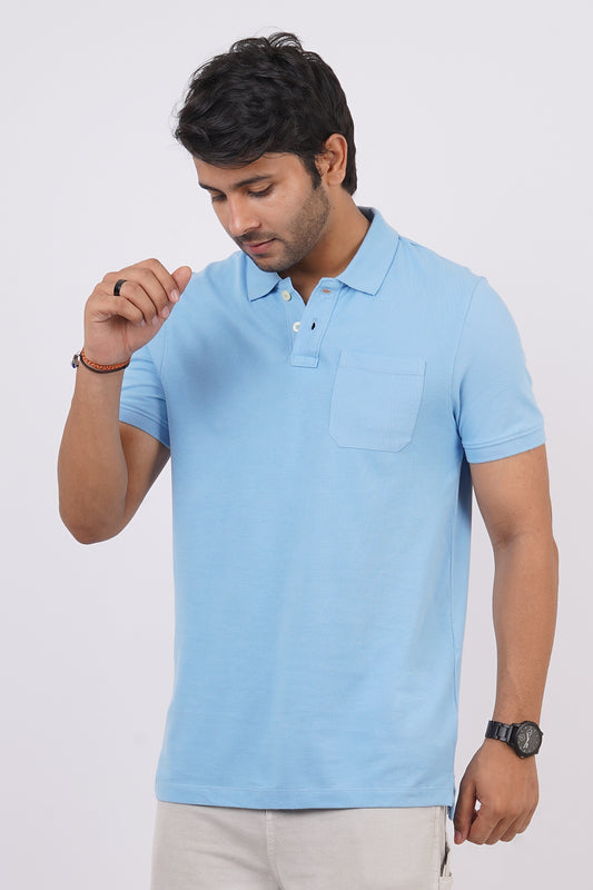 Men's sky blue core pique polo t-shirt with pocket