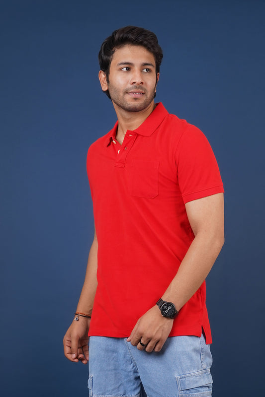 Men's red core pique polo t-shirt with pocket