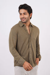 Men's burnt olive slub pique polo full open shirt with pocket