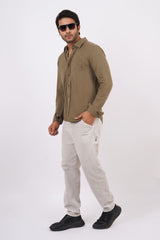 Men's burnt olive slub pique polo full open shirt with pocket