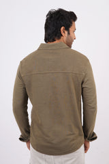 Men's burnt olive slub pique polo full open shirt with pocket