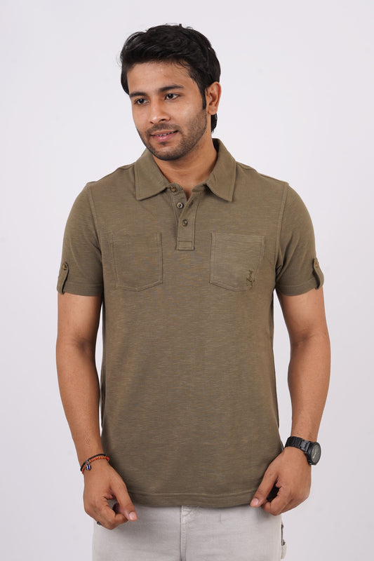 Men's Burnt Olive slub pique polo t-shirt with double pocket