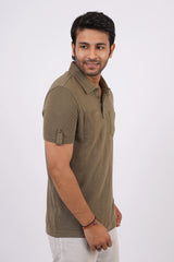 Men's Burnt Olive slub pique polo t-shirt with double pocket