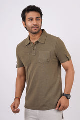 Men's Burnt Olive slub pique polo t-shirt with double pocket