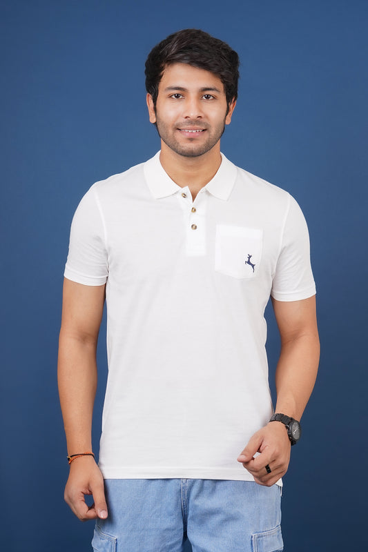 Men's snow white single jersey polo t-shirt with pocket