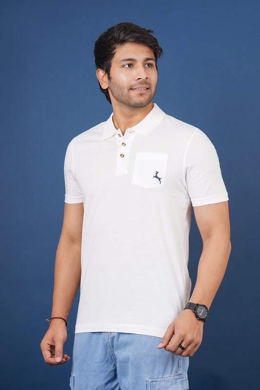 Men's snow white single jersey polo t-shirt with pocket