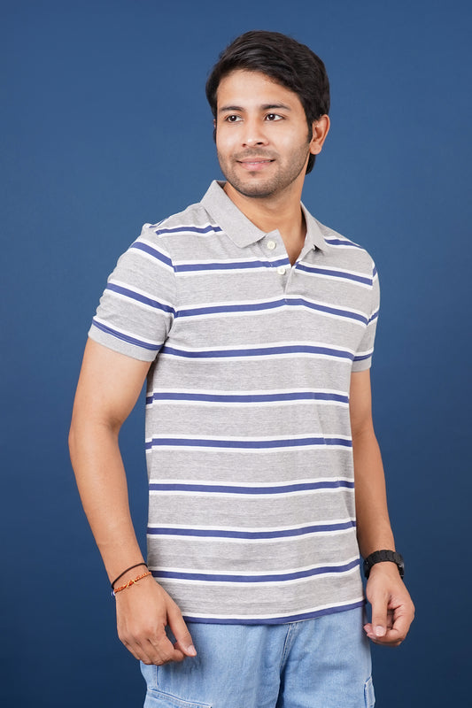 Mens Grey/Blue/White Striped single jersey polo t-shirt