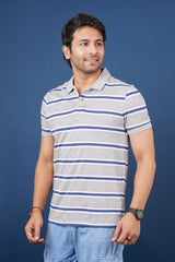 Mens Grey/Blue/White Striped single jersey polo t-shirt