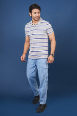 Mens Grey/Blue/White Striped single jersey polo t-shirt