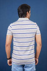 Mens Grey/Blue/White Striped single jersey polo t-shirt