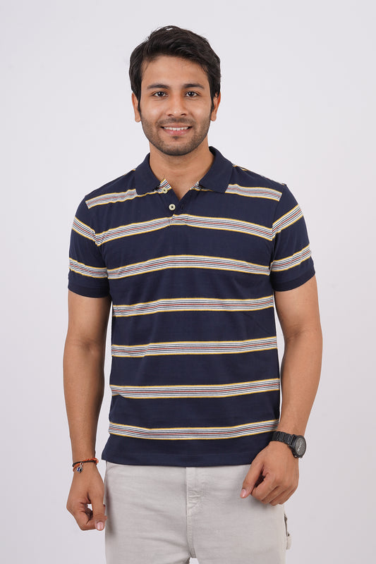 Men's Navy/Yellow Striped single jersey polo t-shirt