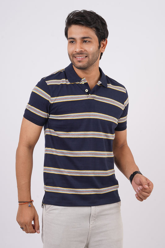 Men's Navy/Yellow Striped single jersey polo t-shirt