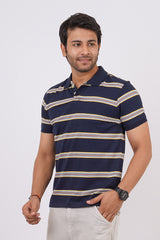 Men's Navy/Yellow Striped single jersey polo t-shirt