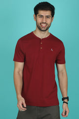 Men's Biking Red Pima Cotton Single Jersey Henley Neck T-shirt with Logo