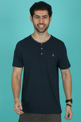Men's Navy Pima Cotton Single Jersey Henley Neck T-shirt with Logo
