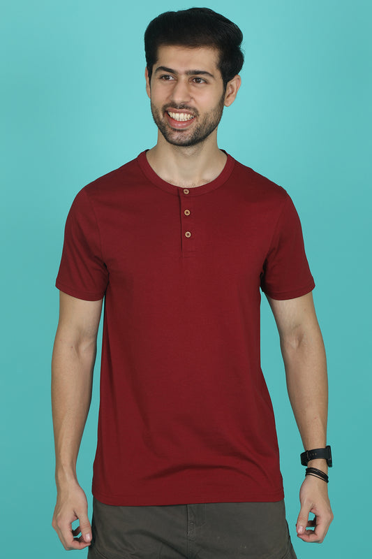 Men's Biking Red Pima Cotton Single Jersey Henley Neck T-shirt