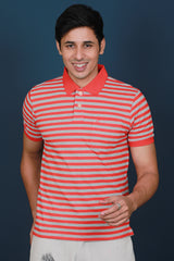 Men's Red/Grey Striped Pique Polo T-shirt