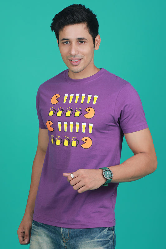 Men's Purple Printed Single Jersey Round Neck T-shirt