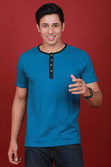 Men's Petrol Single Jersey Henley Neck T-shirt