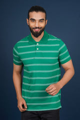 Men's Green/White Striped single jersey polo t-shirt